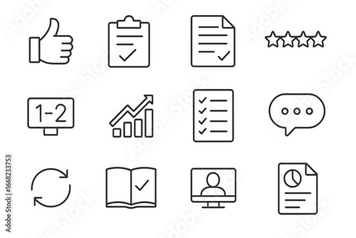 Coaching Feedback Icon Set. Outline icon set of coaching feedback process: thumbs-up icon, review sheet, notes