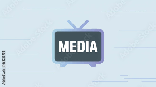 Stylized Retro Television Icon with the Word MEDIA on a Light Blue Background media communication