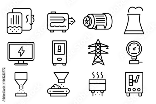 Coal Power Icons. Outline icon set of power generation from coal: steam boiler, condenser unit, generator,