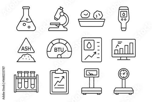 Coal Analysis Icon Set. Outline icon set of coal analysis and quality control: lab flask, microscope, coal