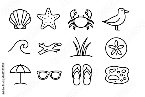 Coastal Icon Collection. Outline icon set of coastal nature walking: seashell, starfish, crab, seagull, wave,