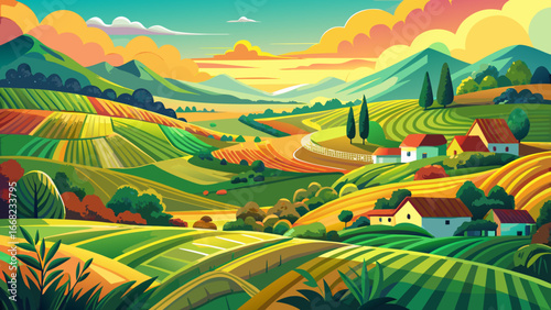 Colorful Illustration of Vibrant Agricultural Landscape
Rolling hills burst with hues of green, gold, and amber, a painterly countryside unfolds alive, pastures and meadows dance together, eternal cel
