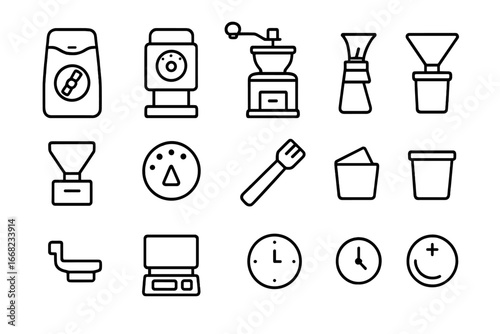 Coffee Grinder Icons. Outline icon set of coffee grinder types: blade grinder, burr grinder, hand grinder,