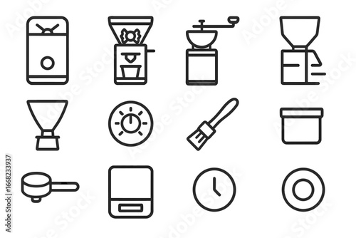 Coffee Grinder Icons. Outline icon set of coffee grinder types: blade grinder, burr grinder, hand grinder,