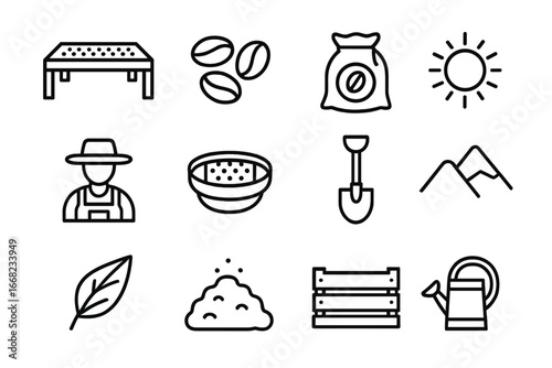 Coffee Processing Icons. Outline icon set of coffee drying and processing: drying rack, coffee beans, sack,