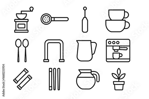 Coffee Trolley Essentials. Outline icon set of coffee trolley essentials: coffee grinder, portafilter, milk