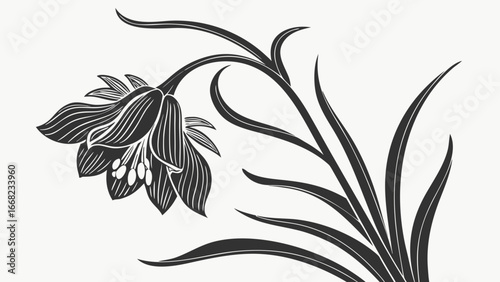 Illustration of a stylized drooping flower with leaves in black and white simple design art work