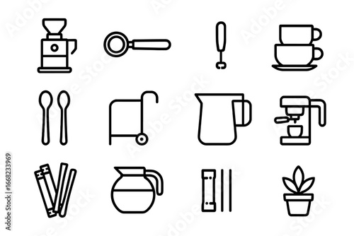 Coffee Trolley Essentials. Outline icon set of coffee trolley essentials: coffee grinder, portafilter, milk