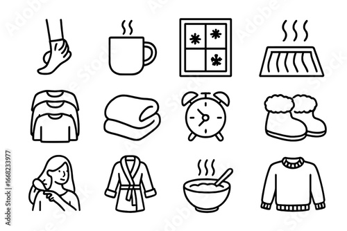 Cold Morning Icons. Outline icon set of cold weather morning routine: putting on socks, tea mug, frosted