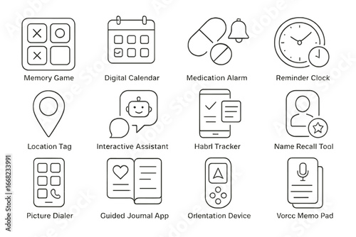 Cognitive Gadgets Icons. Outline vector icons of cognitive assistance gadgets: memory game device, digital