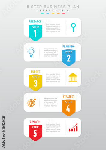 5 steps business planning vertical infographic template. White rectangle, multicolored rounded corners rectangles and numbers on top with icons, grey text in the middle, grey gradient background.