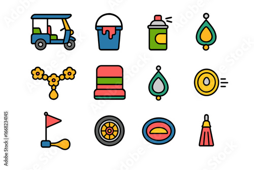 Colorful Tuk-Tuk Icons. Outline icon set of colorful tuk-tuks: tuk-tuk, paint bucket, spray can, flower