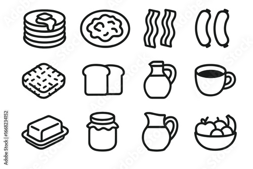 Comfort Breakfast Icons. Outline icon set of comfort food breakfasts: pancake stack, scrambled eggs, bacon
