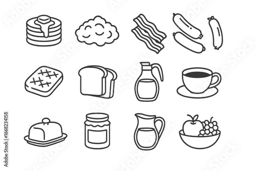 Comfort Breakfast Icons. Outline icon set of comfort food breakfasts: pancake stack, scrambled eggs, bacon