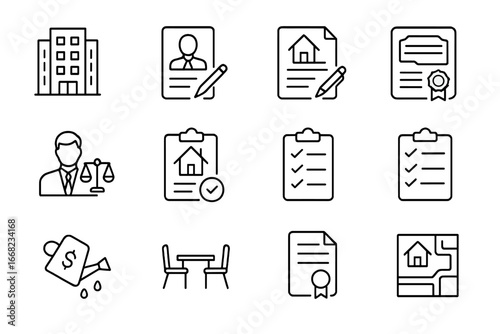 Commercial Property Icons. Outline vector icons of commercial property transactions: office building, buyer