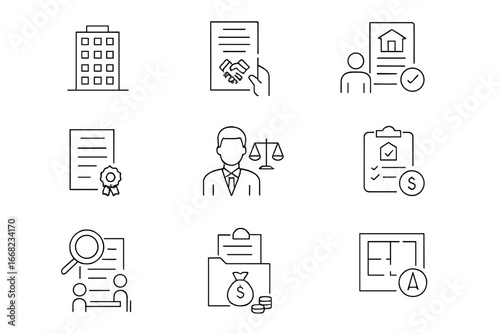 Commercial Property Icons. Outline vector icons of commercial property transactions: office building, buyer