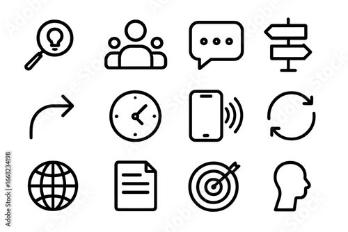 Communication Goals Icons. Outline icon set of communication goals: clarity icon, audience icon, message