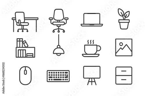 Compact Office Icons. Outline icon set of compact modern offices: small desk, ergonomic chair, laptop, potted