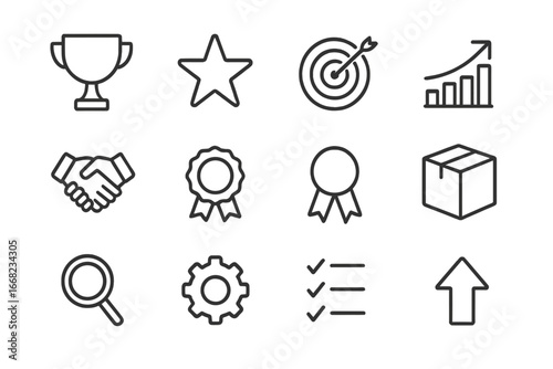 Competitive Icons Grid. Outline icon set of competitive advantage: trophy, star, target, chart, handshake,