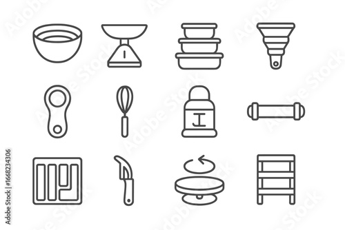 Compact Kitchen Icons. Outline icon set of compact kitchen solutions: nesting bowls, foldable scale, stackable