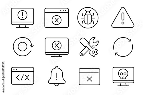Computer Error Icons. Outline icon set of computer error notifications: system alert, error popup, bug icon,