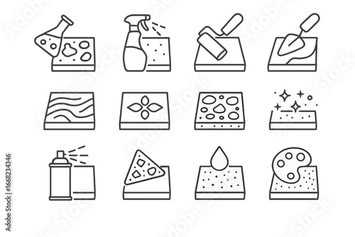 Concrete Finish Icons. Outline icon set of decorative concrete finishes: acid stain, water-based stain, epoxy