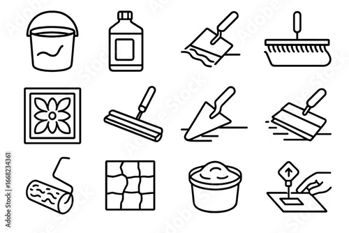 Concrete Overlay Icons. Outline icon set of concrete overlay systems: resurfacer bucket, primer bottle,