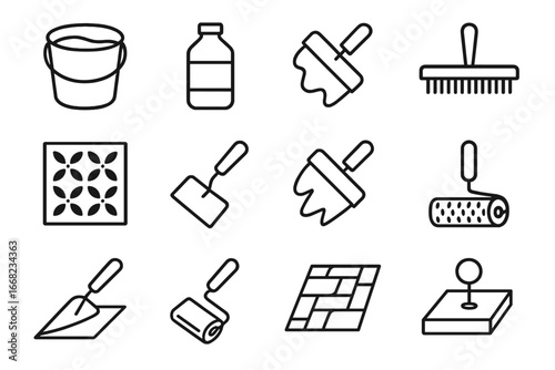Concrete Overlay Icons. Outline icon set of concrete overlay systems: resurfacer bucket, primer bottle,