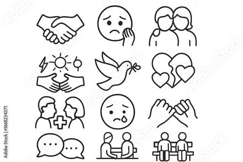 Conflict Resolution Icons. Outline icon set of resolving conflict: shaking hands, apology face, comfort pose,
