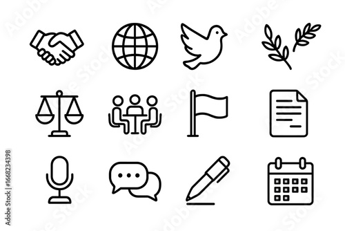 Conflict Resolution Icons. Outline icon set of conflict resolution and mediation: handshake, globe, dove,