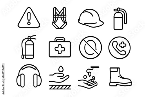 Construction Safety Icons. Outline vector icons of safety protocols in construction: warning sign, safety