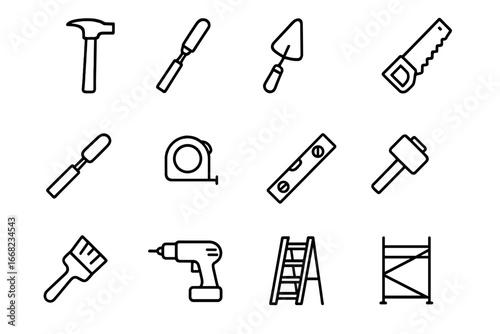 Construction Tools Icons. Outline icon set of traditional construction tools: hammer, chisel, trowel, saw,