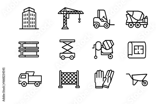 Construction Icon Set. Outline icon set of commercial building site: office tower, crane, forklift, steel