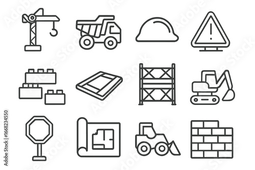 Construction Toy Icons. Outline icon set of construction site toys: toy crane, dump truck, mini helmet,