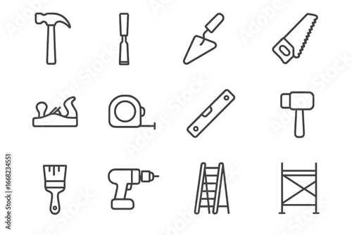 Construction Tools Icons. Outline icon set of traditional construction tools: hammer, chisel, trowel, saw,
