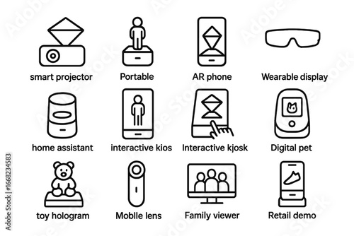 Consumer Holographic Icon Set. Outline icon set of consumer holographic devices: smart projector, portable