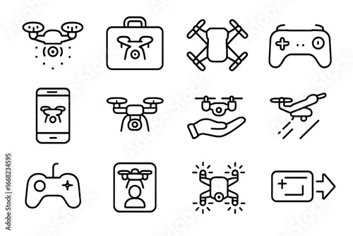 Consumer Drone Icons. Outline icon set of consumer drones: selfie drone, travel case, foldable wings, remote