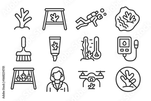 Coral Reef Icon Set. Outline icon set of coral reef restoration: coral fragment, underwater frame, scuba diver