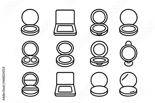 Cosmetic Compact Icons. Outline icon set of cosmetic compact types: round compact, square compact, flip mirror