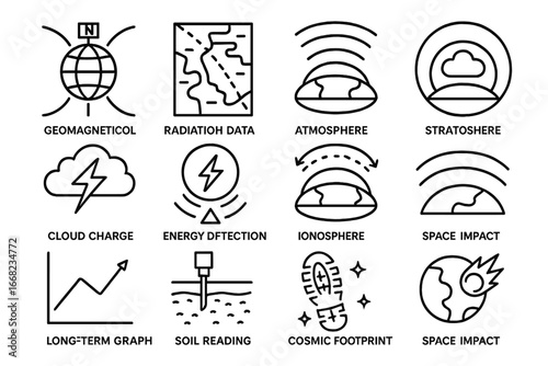 Cosmic Radiation Icons. Outline vector icons of cosmic radiation in Earth science: geomagnetic pole, radiation