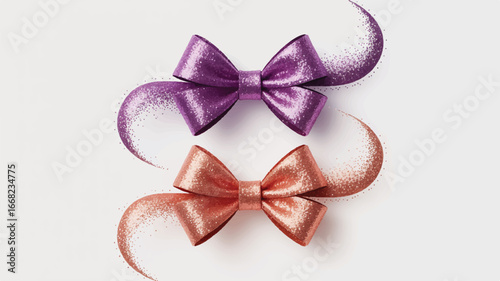 Two Glittery Bows With Sparkly Swirls In Purple And Rose Gold ribbon gift