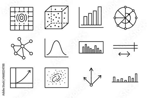 Cosmology Data Icons. Outline vector icons of data visualization in cosmology: heatmap, 3D point cloud,