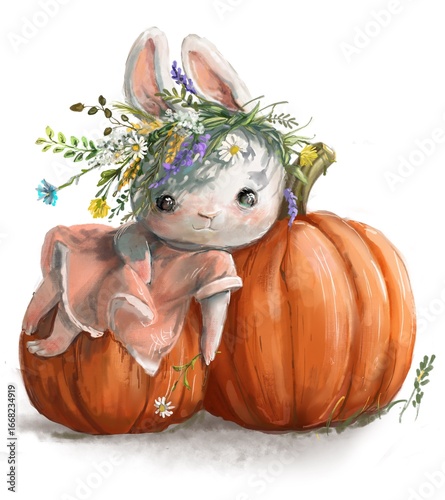 Cute hare girl on the pumpkin
