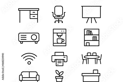 Coworking Space Icons. Outline icon set of coworking spaces: desk, chair, whiteboard, projector, coffee