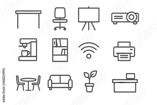 Coworking Space Icons. Outline icon set of coworking spaces: desk, chair, whiteboard, projector, coffee