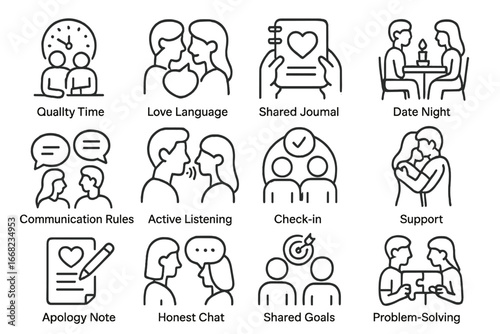 Couples Communication Icons. Outline icon set of couples communication habits: quality time, love language,