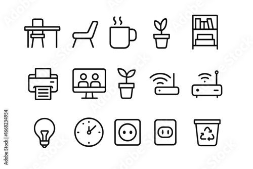 Coworking Icons Set. Outline icon set of coworking spaces: open desk, lounge chair, coffee mug, bookshelf,