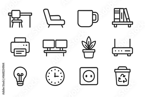Coworking Icons Set. Outline icon set of coworking spaces: open desk, lounge chair, coffee mug, bookshelf,