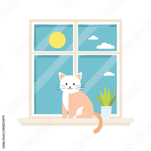 Orange and white cat sitting by window with plant and sun clouds
