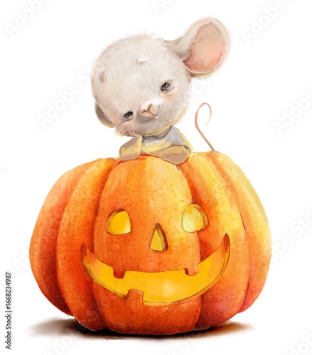 Cute Halloween illustration with a cute mouse and pumpkin 